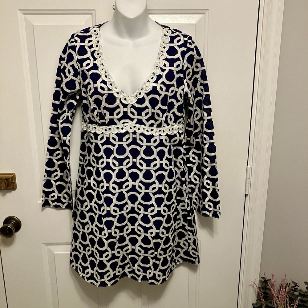 SKIRTIN AROUND Blue White Geometric Print 100% Cotton Dress Women's Size 8